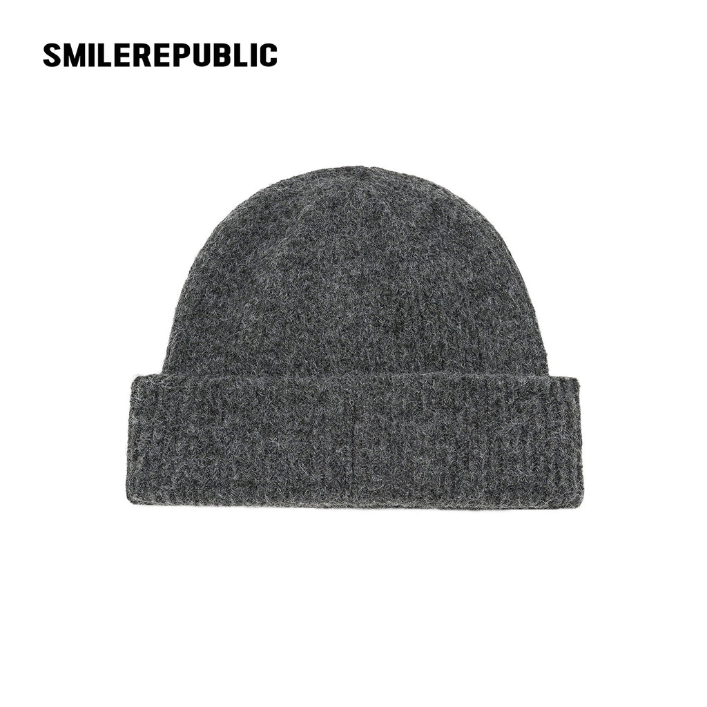 Dark Gray Rhinestone Embellished Fold-Over Knit Beanie with Embroidered Logo