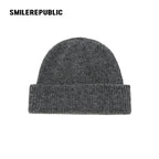 Dark Gray Rhinestone Embellished Fold-Over Knit Beanie with Embroidered Logo