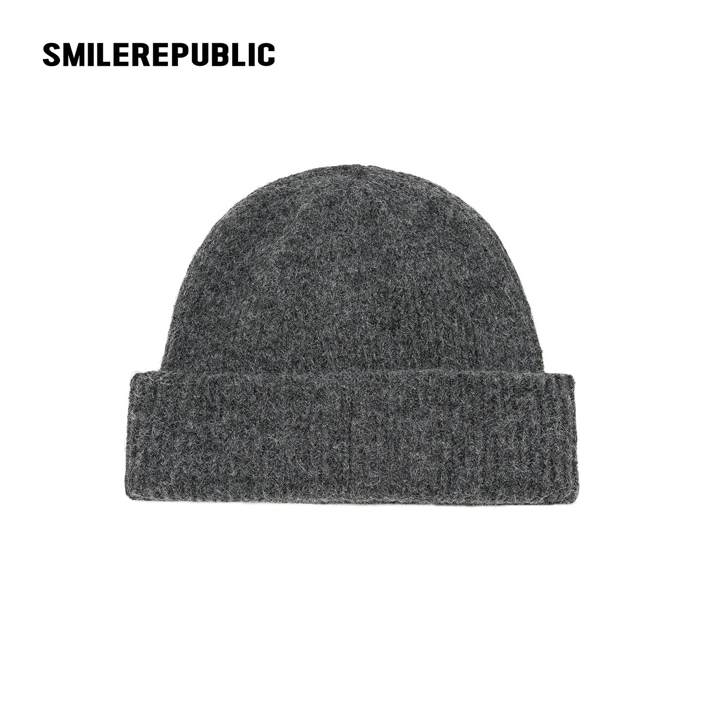 Dark Gray Rhinestone Embellished Fold-Over Knit Beanie with Embroidered Logo