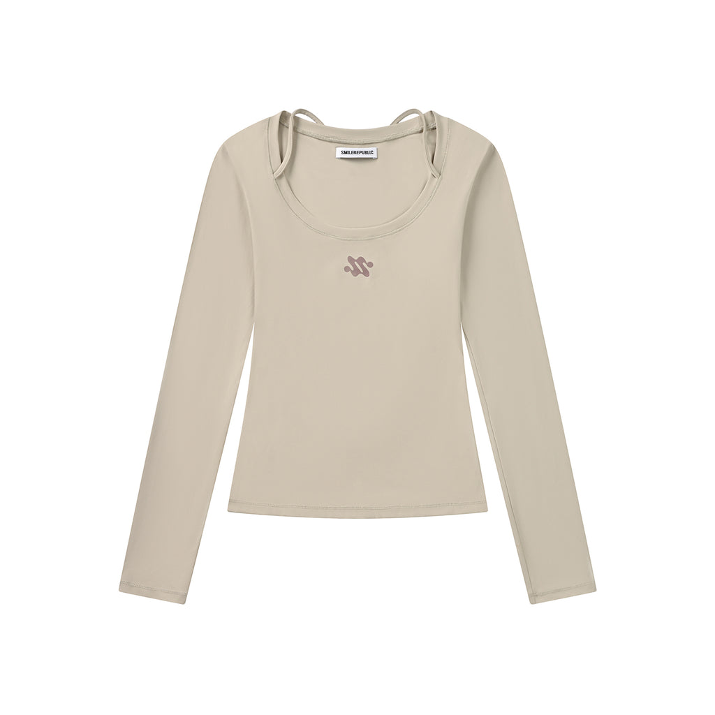 Brown Gray Slim Fit Nylon Spandex Long Sleeve Casual Top for Women, Stretchy Fitted Everyday Shirt