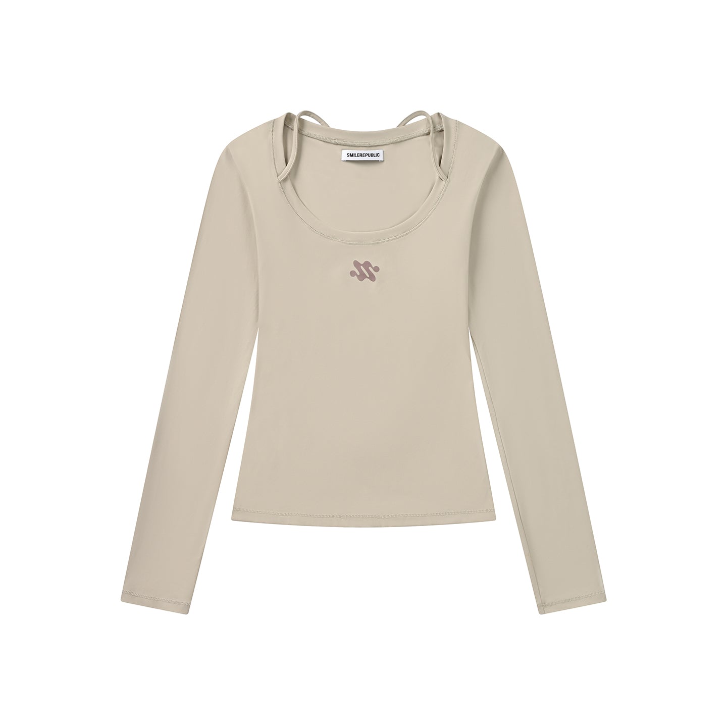 Brown Gray Slim Fit Nylon Spandex Long Sleeve Casual Top for Women, Stretchy Fitted Everyday Shirt
