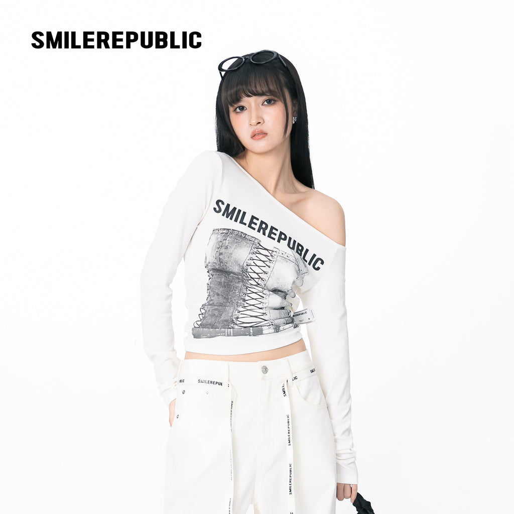 White Polyester Blend Corset Graphic Asymmetric Neck Long Sleeve Fitted T Shirt for Women