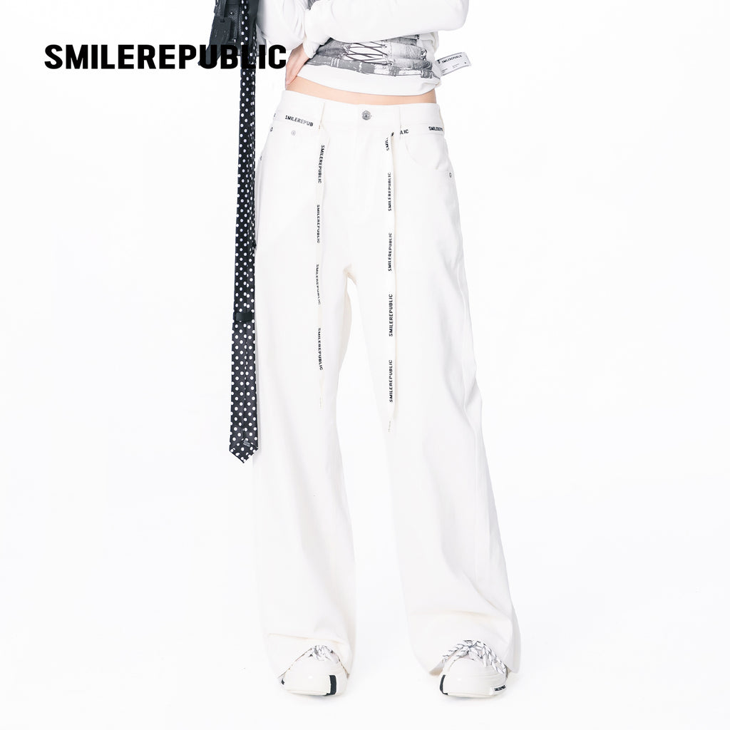 White Washed Cotton Stretch Denim Wide-Leg Jeans with Logo Tape Belt Detail for Women