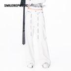 White Washed Cotton Stretch Denim Wide-Leg Jeans with Logo Tape Belt Detail for Women