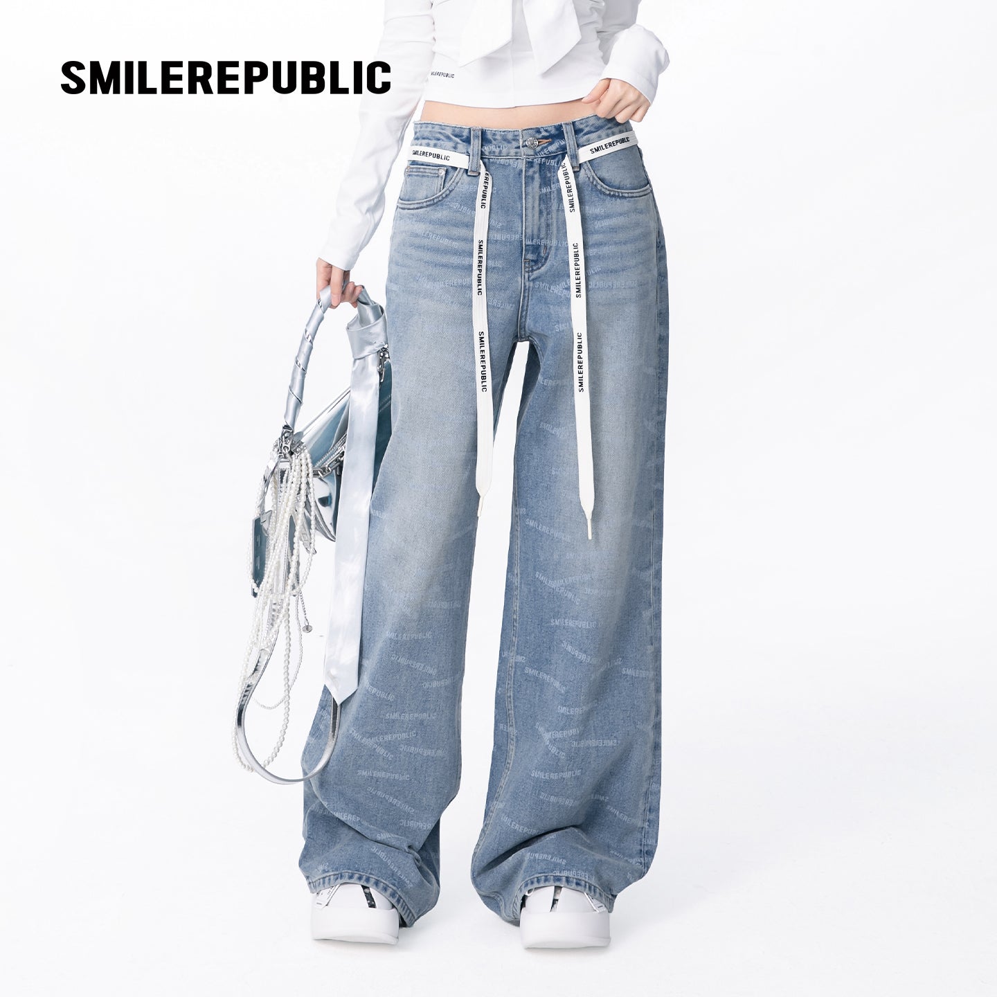 Blue Washed Denim Logo-Print Wide-Leg Jeans with Logo Tie Belt