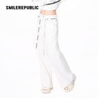 White Washed Cotton Stretch Denim Wide-Leg Jeans with Logo Tape Belt Detail for Women
