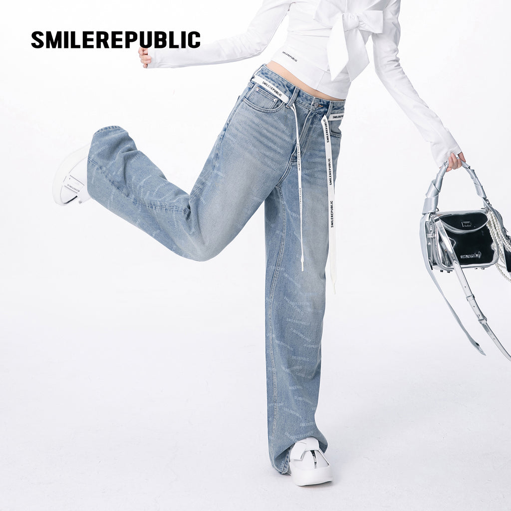Blue Washed Denim Logo-Print Wide-Leg Jeans with Logo Tie Belt