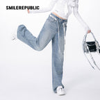 Blue Washed Denim Logo-Print Wide-Leg Jeans with Logo Tie Belt