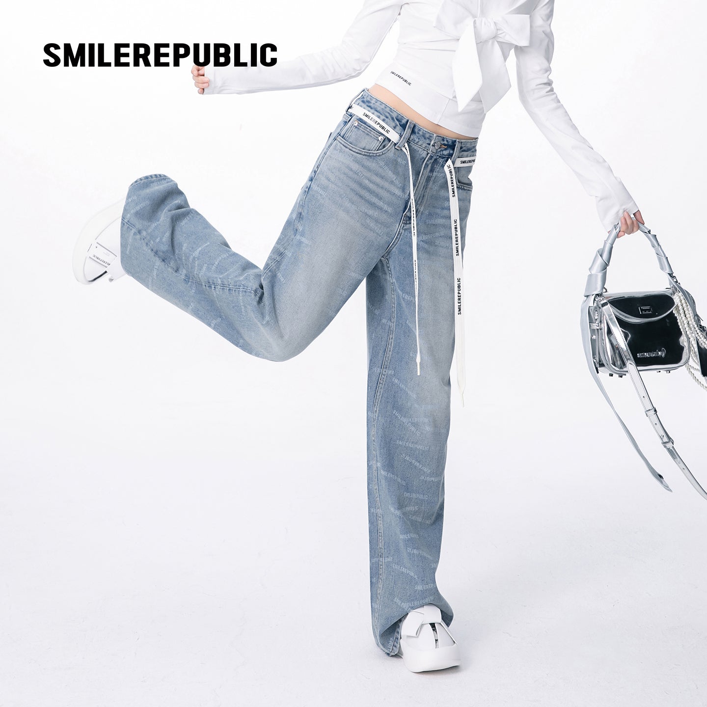 Blue Washed Denim Logo-Print Wide-Leg Jeans with Logo Tie Belt