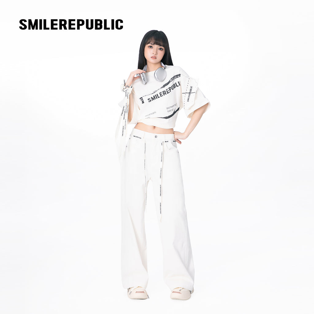 White Washed Cotton Stretch Denim Wide-Leg Jeans with Logo Tape Belt Detail for Women