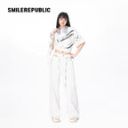White Washed Cotton Stretch Denim Wide-Leg Jeans with Logo Tape Belt Detail for Women