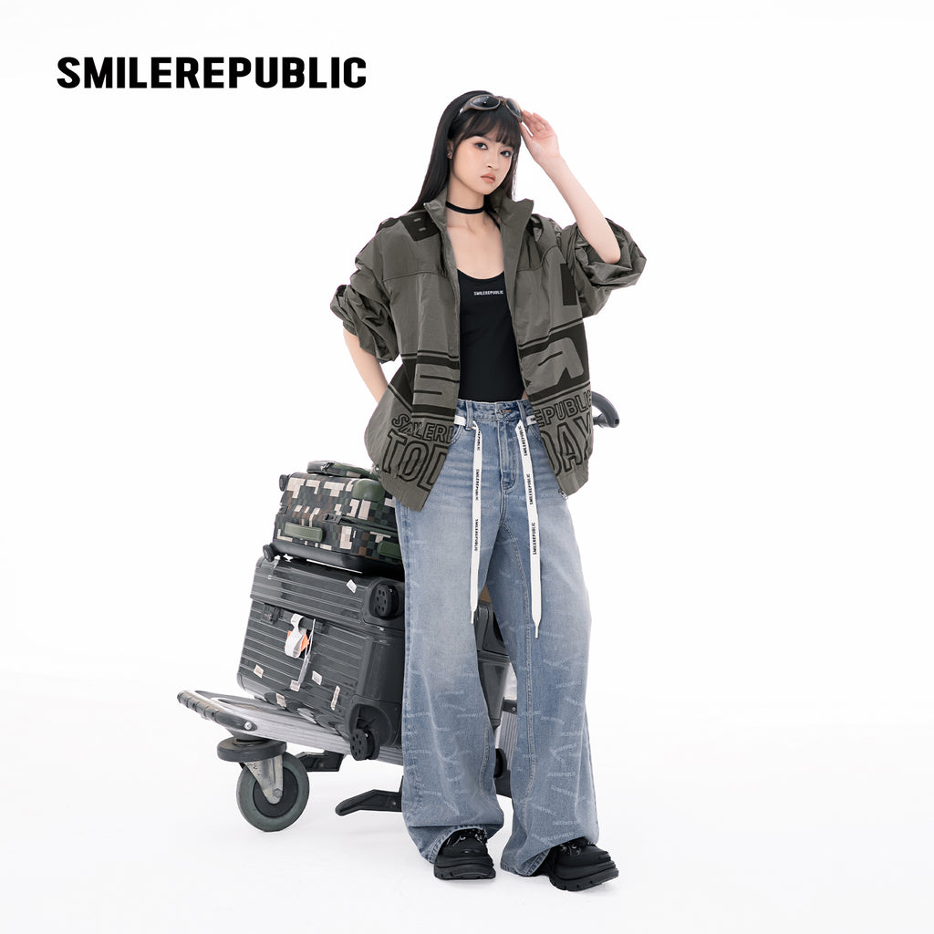 Blue Washed Denim Logo-Print Wide-Leg Jeans with Logo Tie Belt