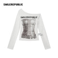 White Polyester Blend Corset Graphic Asymmetric Neck Long Sleeve Fitted T Shirt for Women