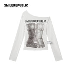 White Polyester Blend Corset Graphic Asymmetric Neck Long Sleeve Fitted T Shirt for Women