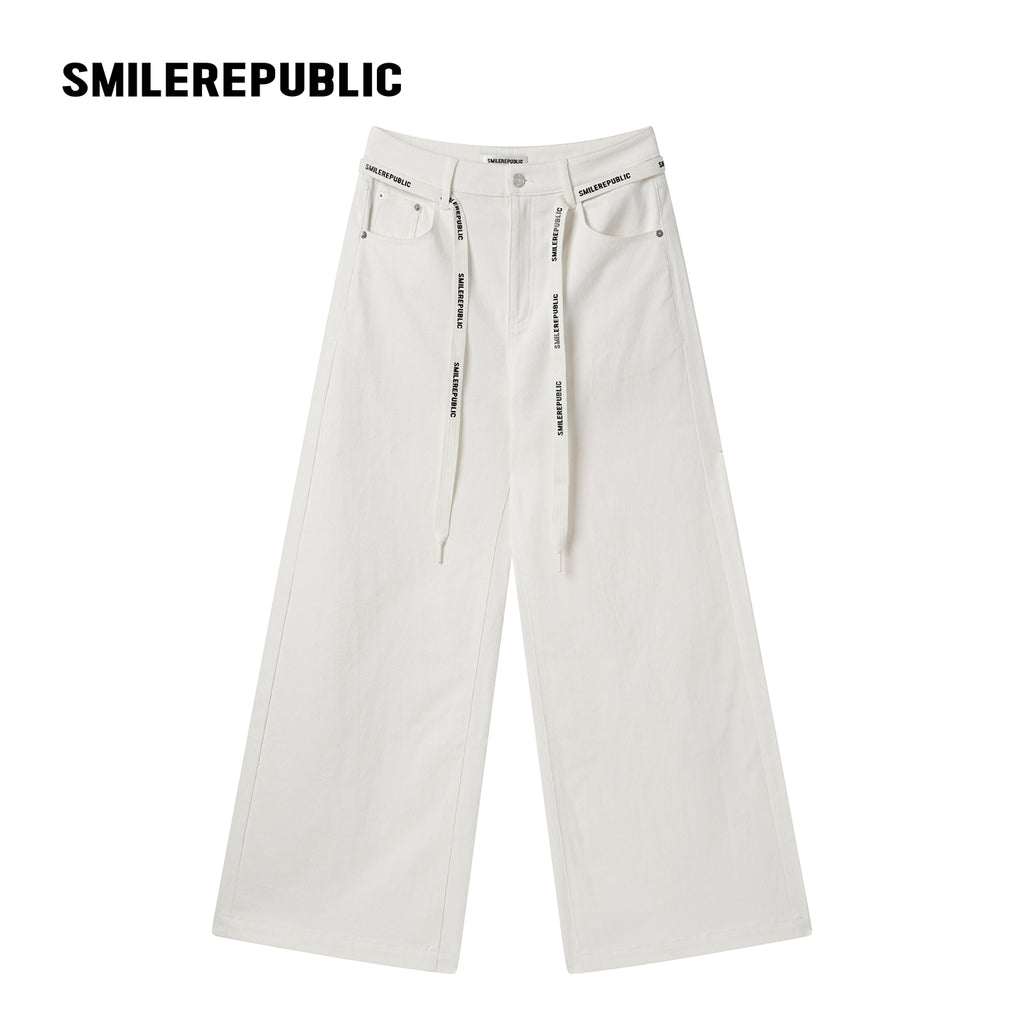 White Washed Cotton Stretch Denim Wide-Leg Jeans with Logo Tape Belt Detail for Women