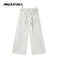 White Washed Cotton Stretch Denim Wide-Leg Jeans with Logo Tape Belt Detail for Women