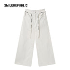 White Washed Cotton Stretch Denim Wide-Leg Jeans with Logo Tape Belt Detail for Women