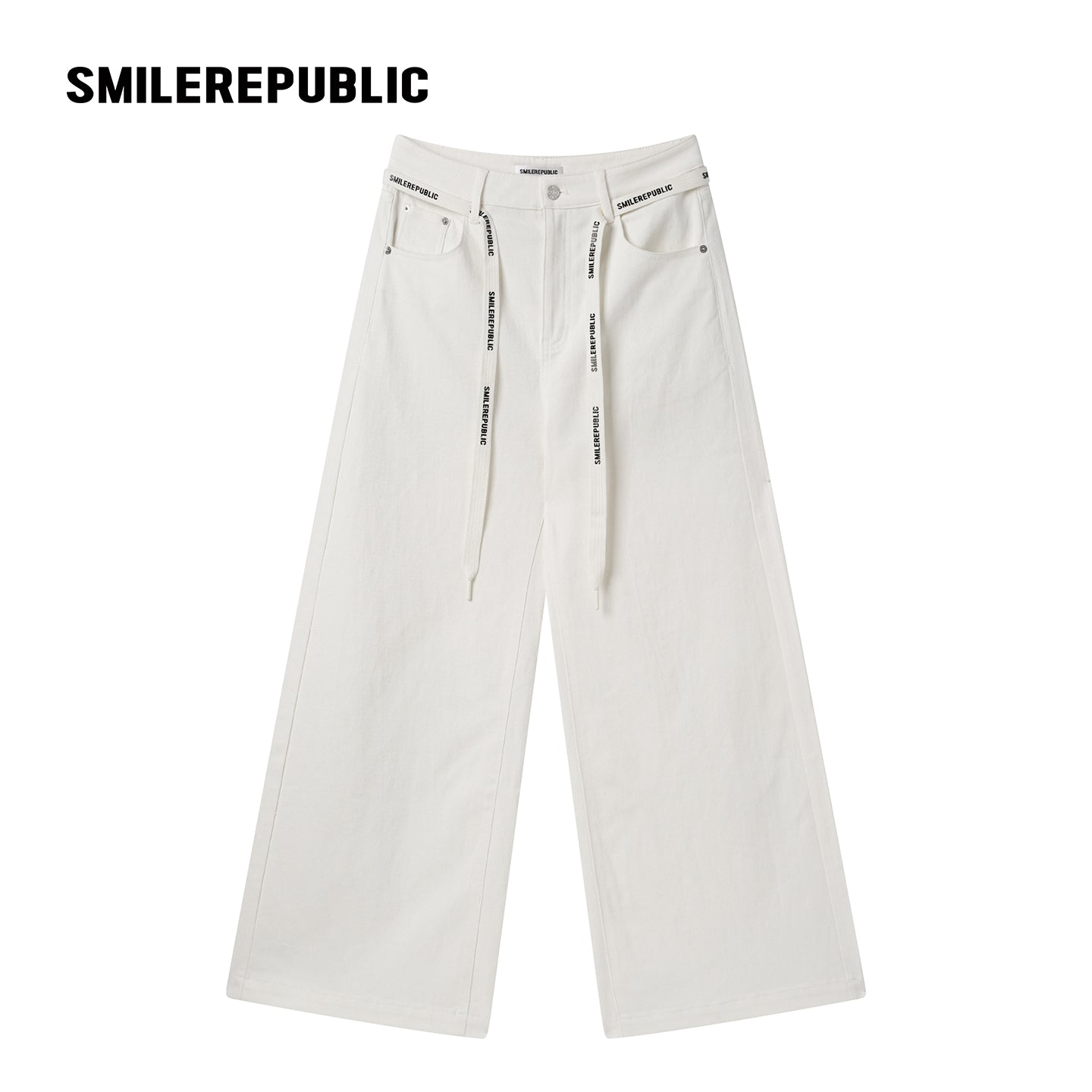 White Washed Cotton Stretch Denim Wide-Leg Jeans with Logo Tape Belt Detail for Women