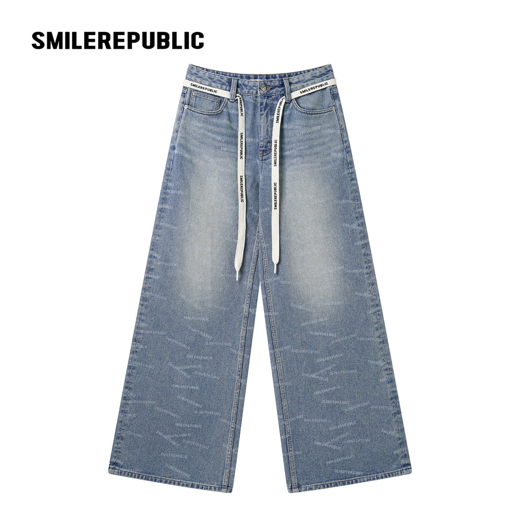 Blue Washed Denim Logo-Print Wide-Leg Jeans with Logo Tie Belt