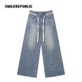 Blue Washed Denim Logo-Print Wide-Leg Jeans with Logo Tie Belt