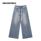 Blue Washed Denim Logo-Print Wide-Leg Jeans with Logo Tie Belt