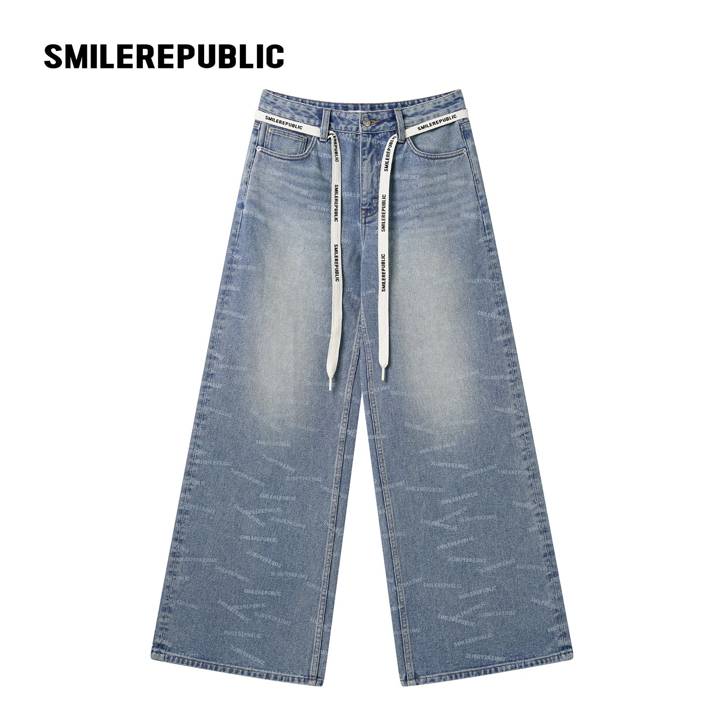 Blue Washed Denim Logo-Print Wide-Leg Jeans with Logo Tie Belt