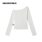 White Polyester Blend Corset Graphic Asymmetric Neck Long Sleeve Fitted T Shirt for Women