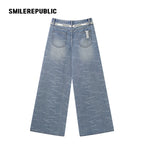 Blue Washed Denim Logo-Print Wide-Leg Jeans with Logo Tie Belt