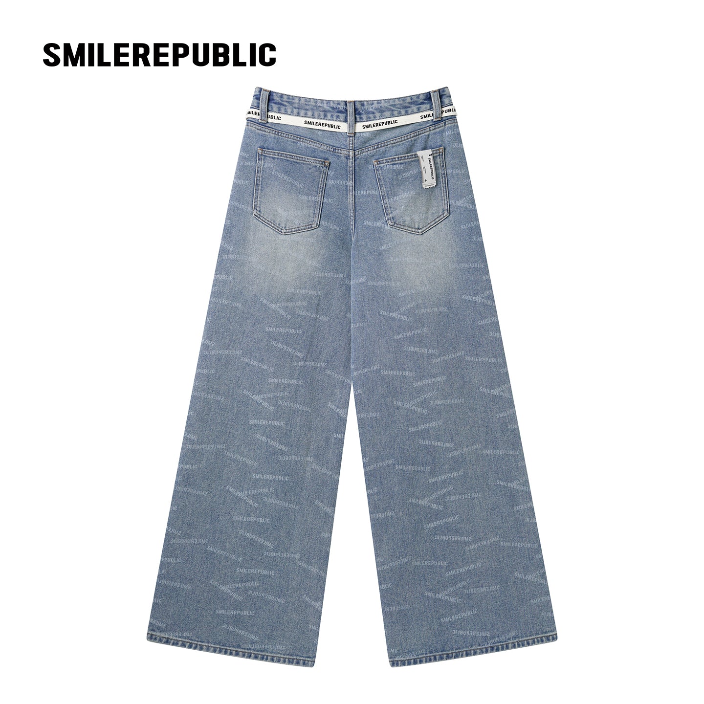 Blue Washed Denim Logo-Print Wide-Leg Jeans with Logo Tie Belt