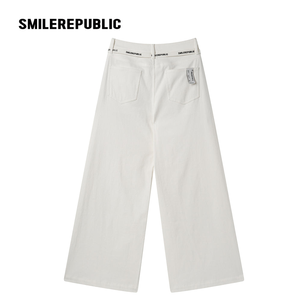 White Washed Cotton Stretch Denim Wide-Leg Jeans with Logo Tape Belt Detail for Women