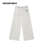 White Washed Cotton Stretch Denim Wide-Leg Jeans with Logo Tape Belt Detail for Women