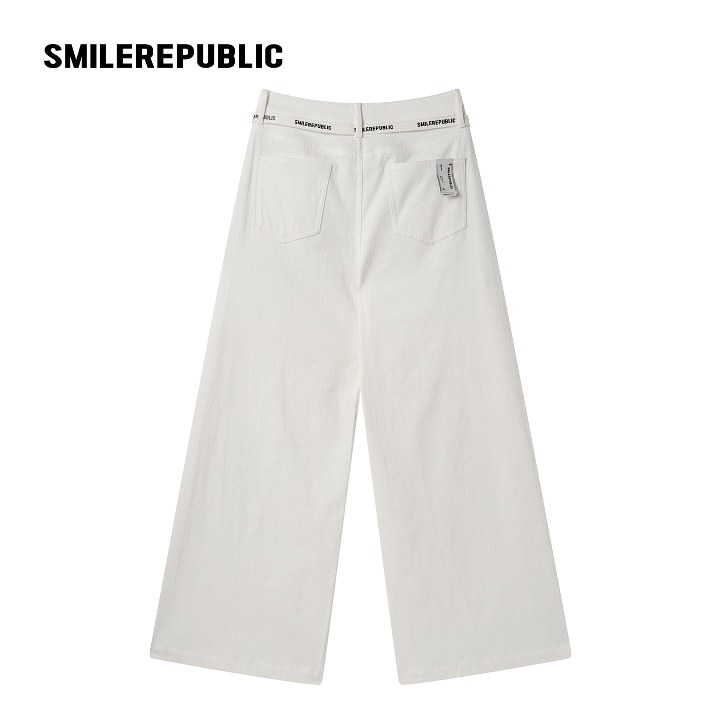 White Washed Cotton Stretch Denim Wide-Leg Jeans with Logo Tape Belt Detail for Women