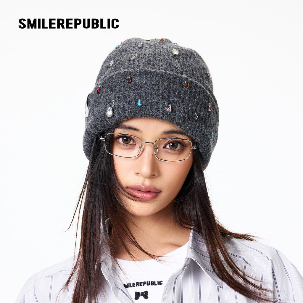 Dark Gray Rhinestone Embellished Fold-Over Knit Beanie with Embroidered Logo