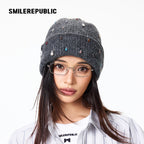 Dark Gray Rhinestone Embellished Fold-Over Knit Beanie with Embroidered Logo