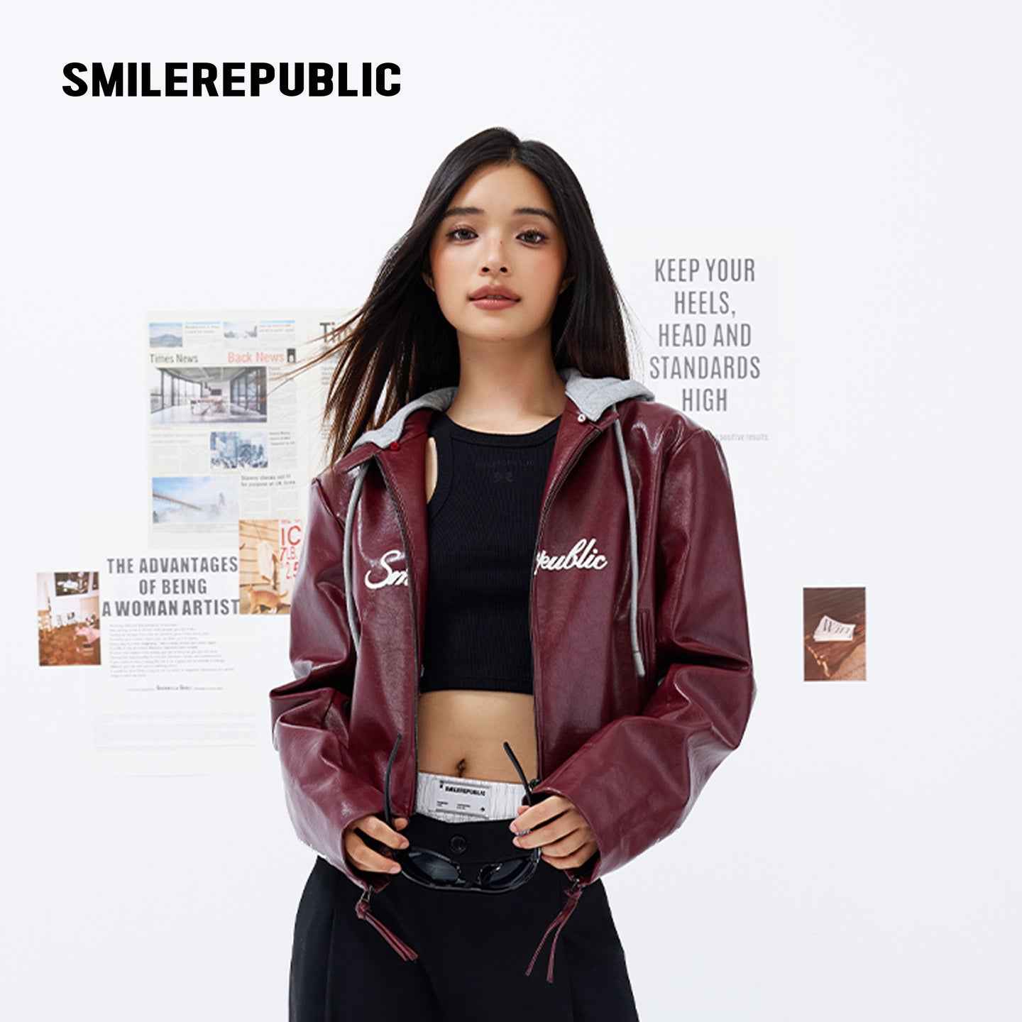 Cherry Red / Black Layered Hooded PU Leather Jacket