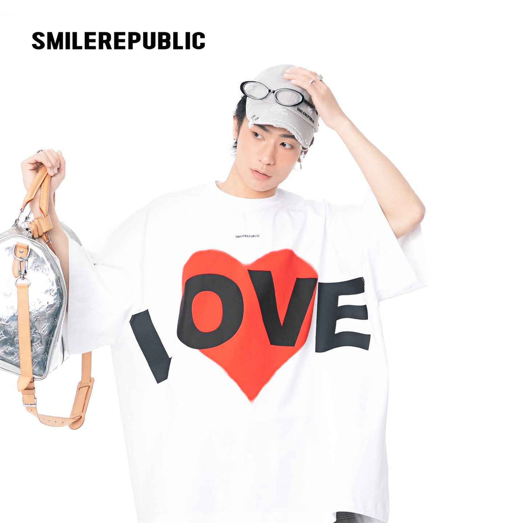White 100% Cotton Oversized T-Shirt with LOVE Heart Graphic, Crew Neck Short Sleeve Tee