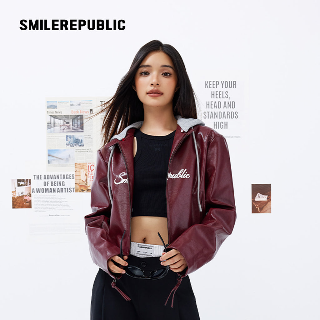 Cherry Red/Gray Hood PU Coated Faux Leather Layered Look Hooded Cropped Zip Jacket for Women