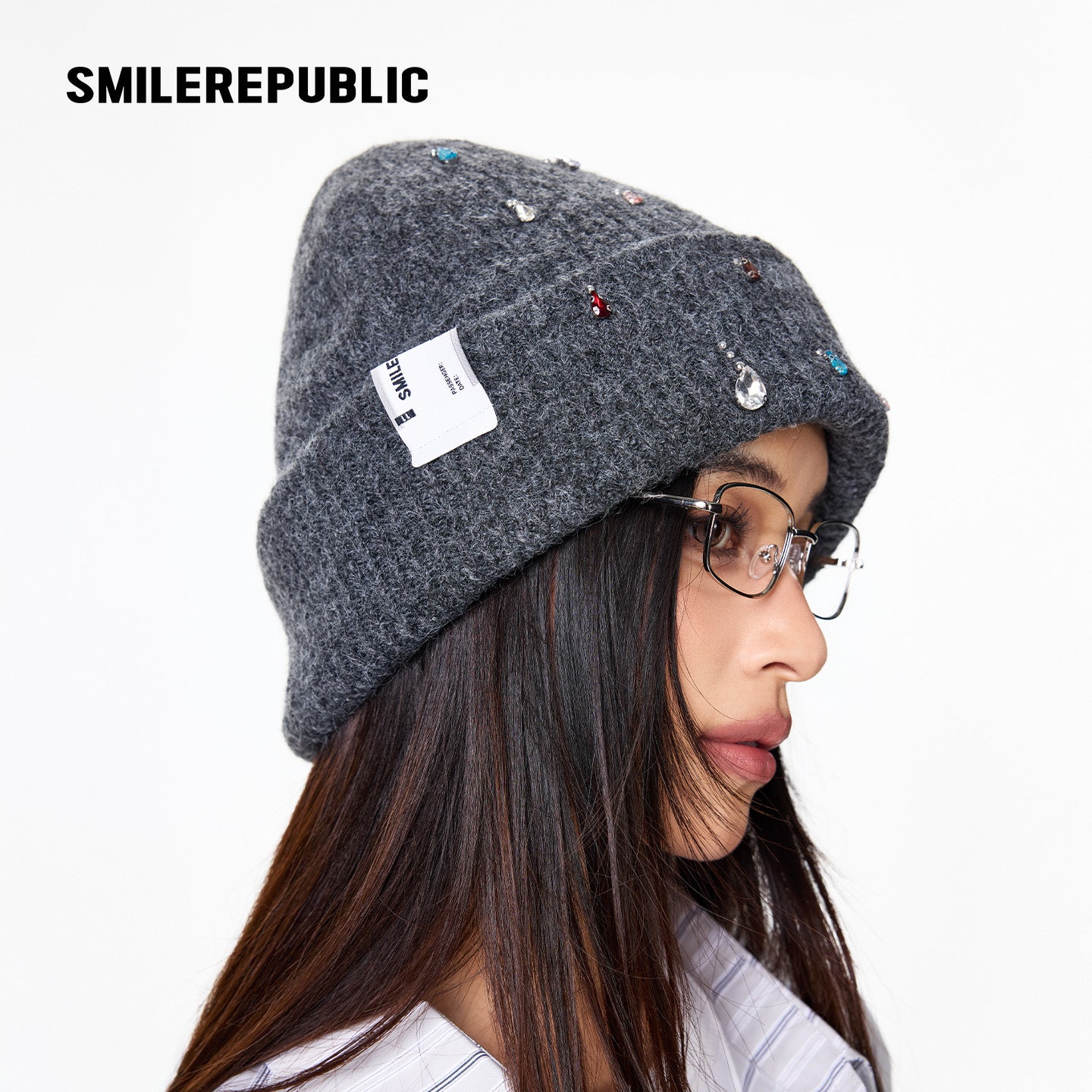 Dark Gray Rhinestone Embellished Fold-Over Knit Beanie with Embroidered Logo