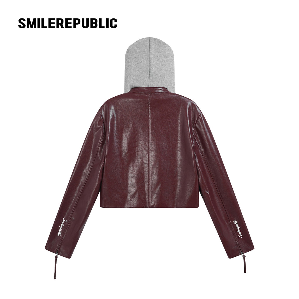 Cherry Red/Gray Hood PU Coated Faux Leather Layered Look Hooded Cropped Zip Jacket for Women
