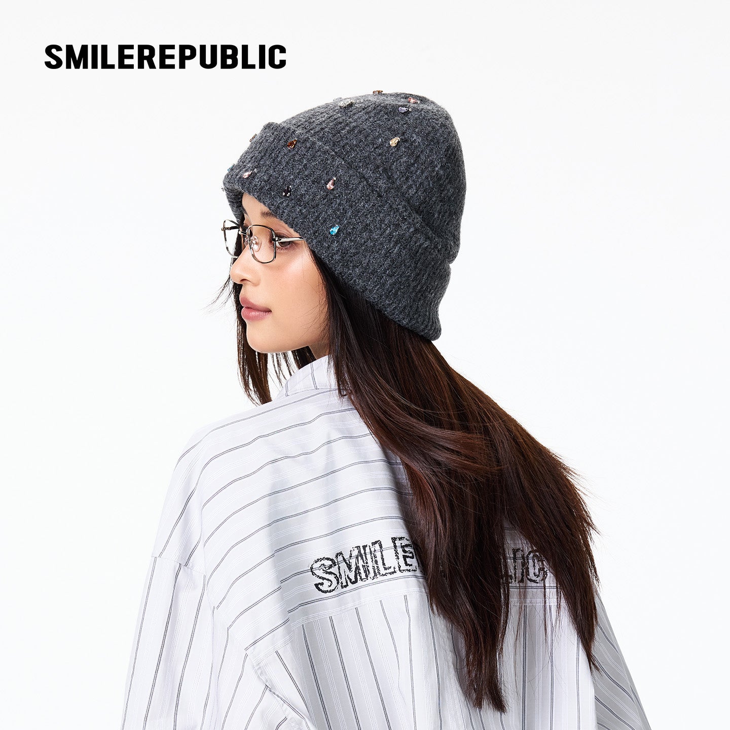 Dark Gray Rhinestone Embellished Fold-Over Knit Beanie with Embroidered Logo