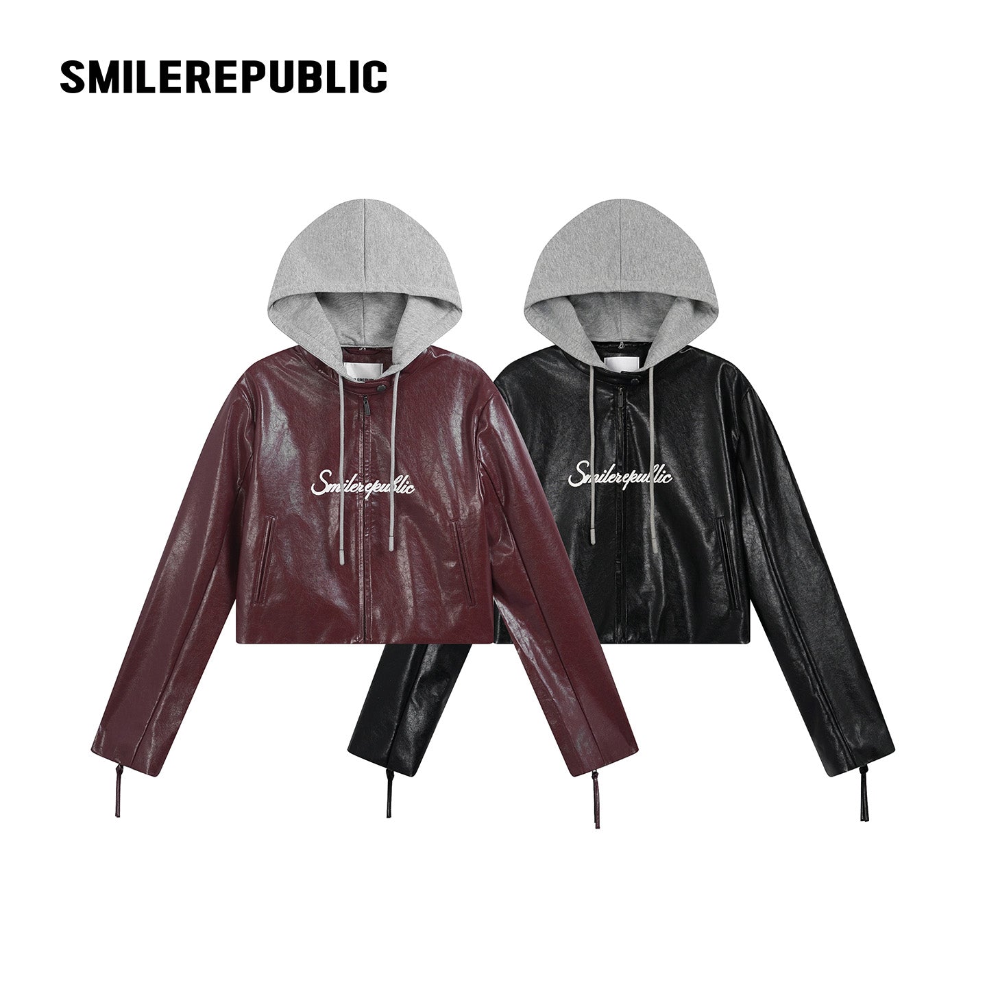 Cherry Red / Black Layered Hooded PU Leather Jacket-SMILEREPUBLIC