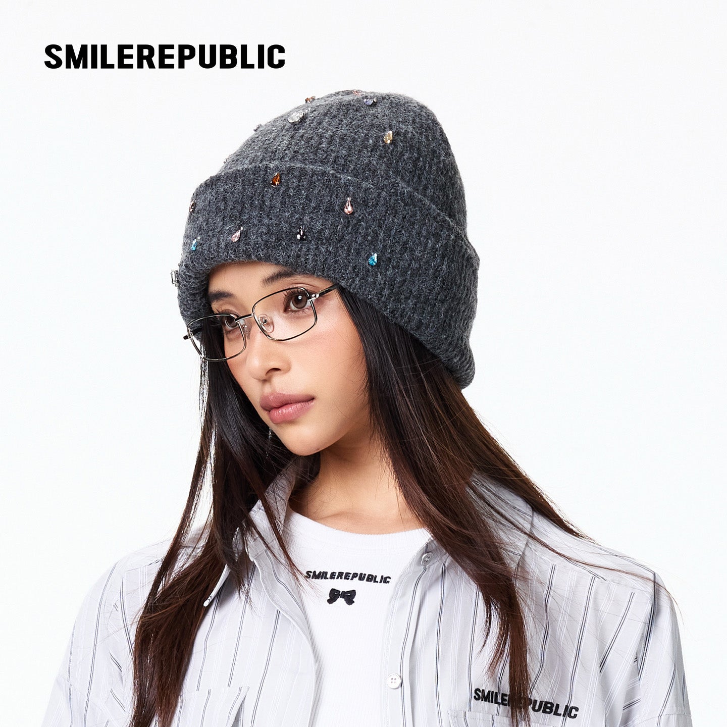 Dark Gray Rhinestone Embellished Fold-Over Knit Beanie with Embroidered Logo