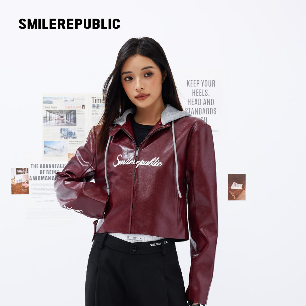 Cherry Red/Gray Hood PU Coated Faux Leather Layered Look Hooded Cropped Zip Jacket for Women