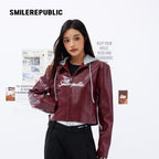 Cherry Red/Gray Hood PU Coated Faux Leather Layered Look Hooded Cropped Zip Jacket for Women