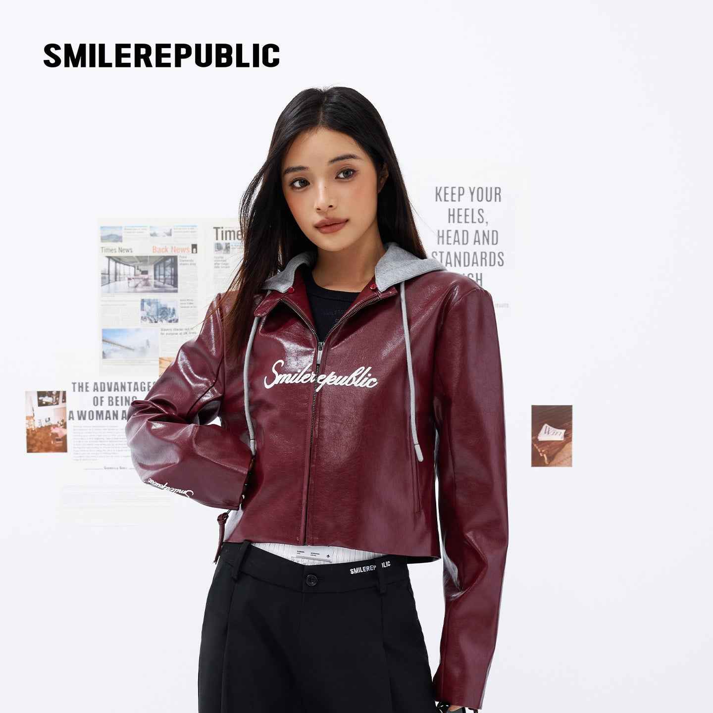 Cherry Red / Black Layered Hooded PU Leather Jacket