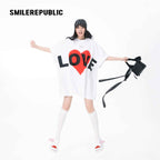 White 100% Cotton Oversized T-Shirt with LOVE Heart Graphic, Crew Neck Short Sleeve Tee