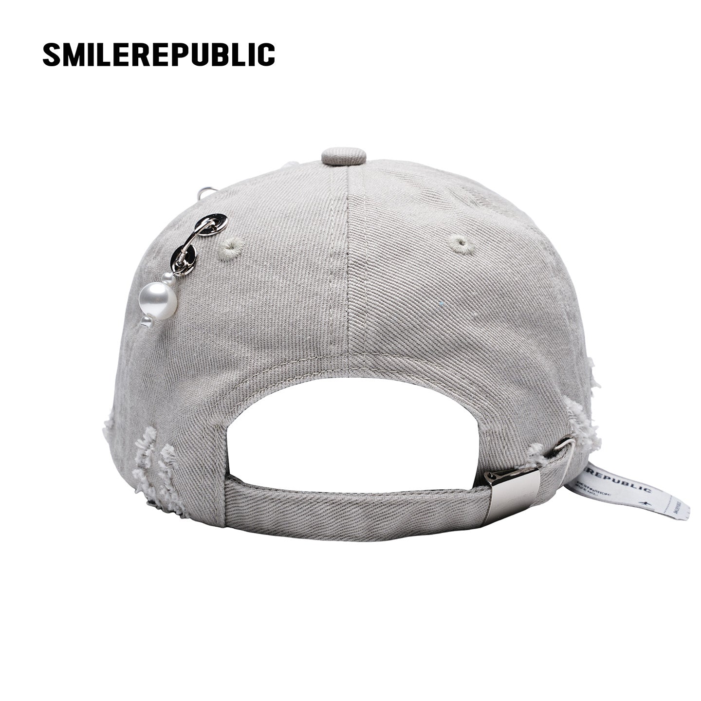 White Distressed Baseball Cap with Pearl Charm Accents, Logo Embroidery and Adjustable Strap