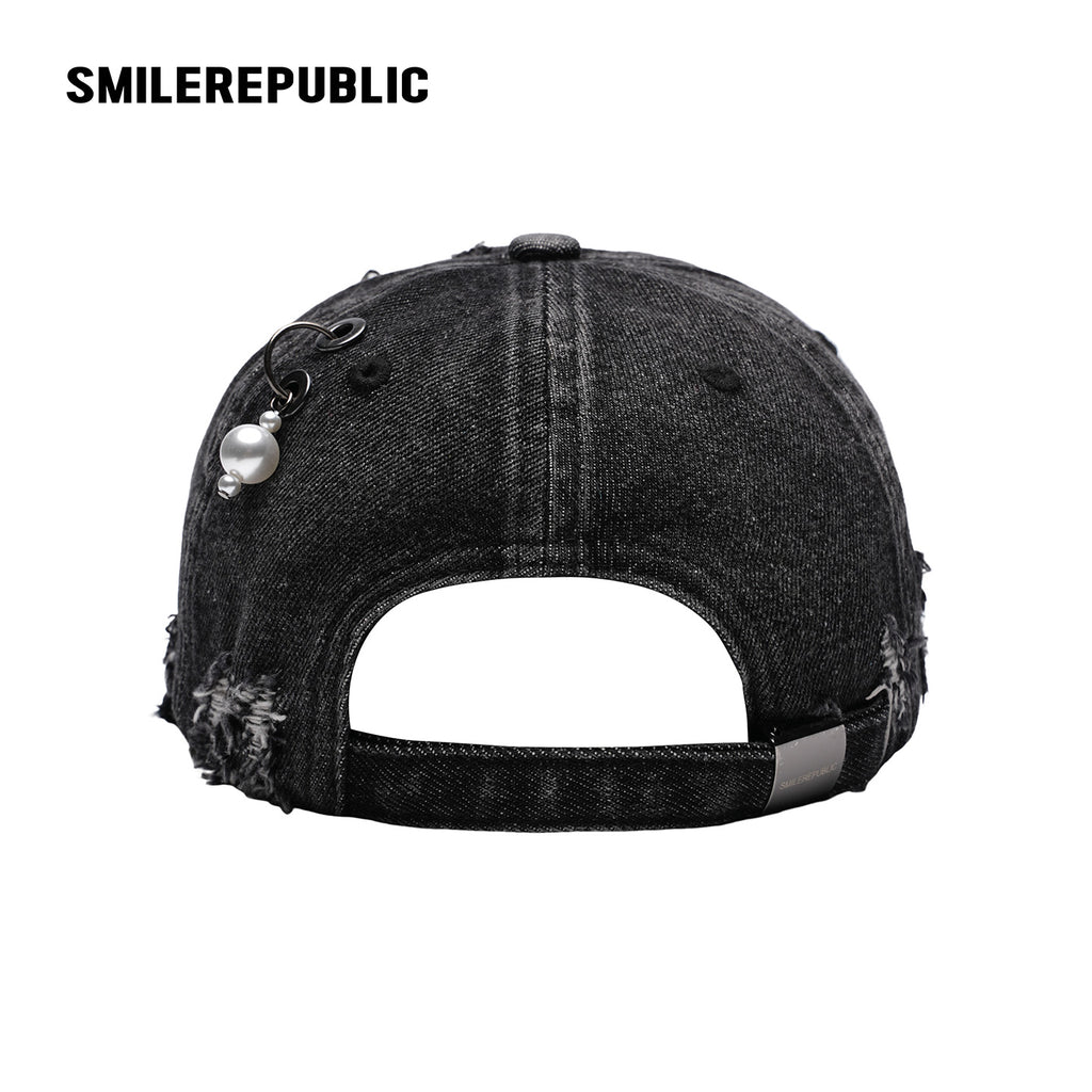 Black Distressed Denim Baseball Cap with Pearl-Tone Pendant and Metal Ring Details