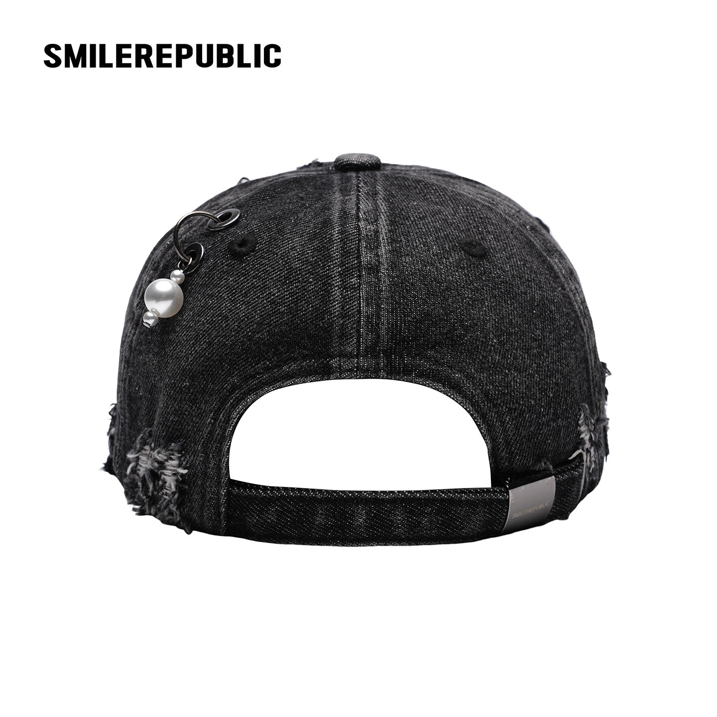 Black Distressed Denim Baseball Cap with Pearl-Tone Pendant and Metal Ring Details