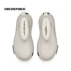 Off White Faux Suede Platform Snow Boots, Women's Ankle Boots with Chunky Sole